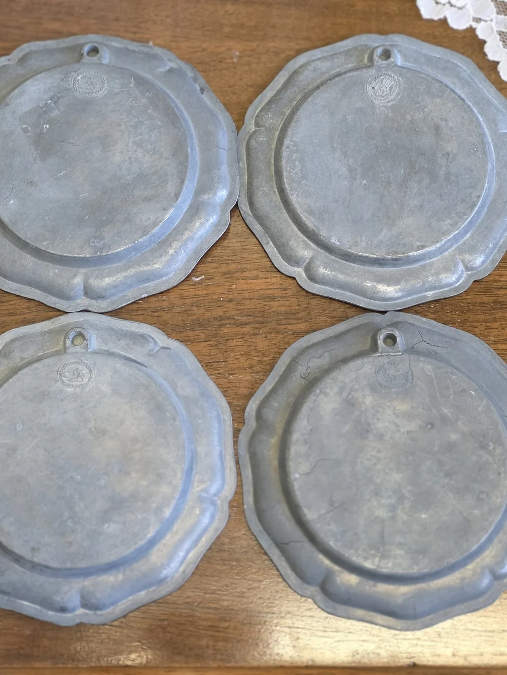 Vintage Pewter Folk Art Wall Plaques Set of 4 Peasant Farm Scenes Cottage Decor